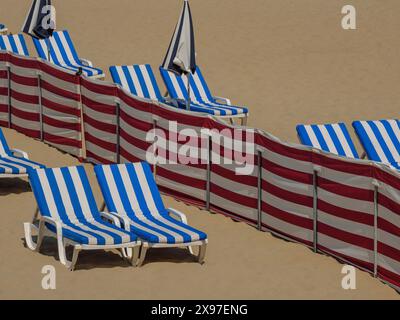 Gros plan de transats et parasols rayés bleus et blancs sur une plage de sable propre, chaises de plage colorées au bord de la mer avec un ciel bleu, de haan, belgique Banque D'Images