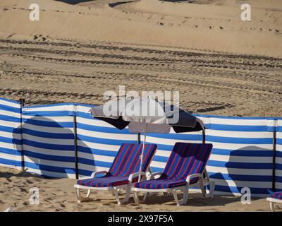 Transats rayés bleus et blancs à côté d'un parasol sur la plage, bordé par des cloisons bleues et blanches, chaises longues colorées au bord de la mer avec un Banque D'Images