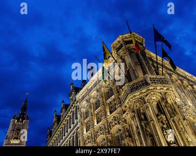 Bâtiment illuminé avec des détails ornés et des drapeaux contre un ciel bleu profond la nuit, heure bleue dans une ville médiévale avec des bâtiments historiques avec des tours Banque D'Images