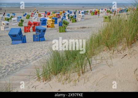 Chaises de plage colorées sur la plage avec des dunes au premier plan, tout le monde profitant de la vue sur la mer, soirée d'été sur la plage avec dune verte Banque D'Images