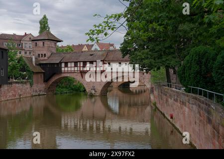 Vue du pont du bourreau, bourreau, bourreau, moyen âge, Nuremberg, à colombages, pierre, Pegnitz, rivière, vieille ville, haute Bavière, Bavière Banque D'Images