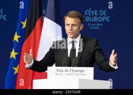Emmanuel Macron (Président de la République française) intervient à la Fête de l'Europe sur le Neumarkt devant l'église notre-Dame, Dresde, 27 mai Banque D'Images