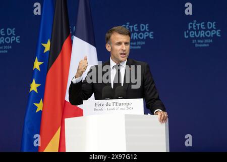 Emmanuel Macron (Président de la République française) intervient à la Fête de l'Europe sur le Neumarkt devant l'église notre-Dame, Dresde, 27 mai Banque D'Images