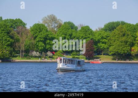 Excursion bateau à vapeur sur le lac Inner Alster avec parc Kleiner Park Inner Alster Lake au printemps, Hambourg, Allemagne Banque D'Images