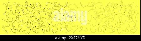 Grand ensemble de lignes fines dessinées à la main et de flèches de ligne de tiret. Collection de pointeurs vectoriels courbes noirs pointant dans différentes directions. Conception simple Illustration de Vecteur
