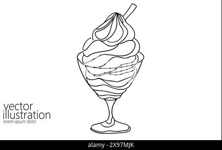 Concept de glace continue à une ligne dans un bol symbolisé. Silhouette de dessert café restaurant snack. Schéma de dessin d'esquisse numérique blanc à une ligne, vecteur i Illustration de Vecteur