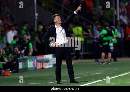 Athènes, Grèce. 29 mai 2024. Jose Luis Mendilibar entraîneur-chef de l'Olympiacos FC gestes lors du match de finale de la Conference League 2023/2024 entre l'Olympiacos FC et l'ACF Fiorentina au stade AEK Arena à Athènes (Grèce), le 29 mai 2024. Crédit : Insidefoto di andrea staccioli/Alamy Live News Banque D'Images