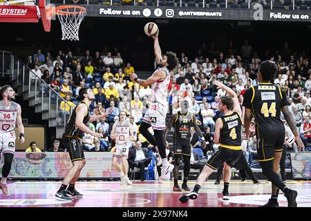 Anvers, Belgique. 29 mai 2024. Servaas Buysschaert d'Ostende et Jean-Marc Mwema d'Anvers photographiés en action lors d'un match de basket-ball entre les Giants d'Anvers et BC Ostende, mercredi 29 mai 2024 à Anvers, match 2 (Best of 5) de la finale belge du championnat de paniers de première division 'BNXT League'. BELGA PHOTO TOM GOYVAERTS crédit : Belga News Agency/Alamy Live News Banque D'Images