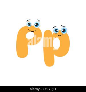 Caractère alphabétique drôle. Mignon lettre jaune P avec les yeux isolés sur fond blanc. Symbole de l'alphabet des enfants. Illustration de Vecteur