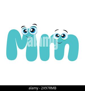 Un alphabet coloré pour les enfants. Drôle de lettre M avec des yeux. Mignon lettre bleue M personnage de dessin animé avec des yeux mignons. Symbole de l'alphabet des enfants isolé sur Illustration de Vecteur