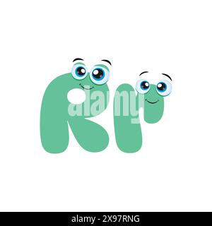 Lettre vert clair R personnage de dessin animé avec des yeux mignons. Illustration du caractère drôle de type police alphabet Cartoon pour l'éducation. Illustration de Vecteur