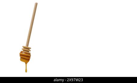 Benne à miel en bois dégouttant avec une goutte de miel. Arrière-plan blanc isolé et espace de copie. Banque D'Images