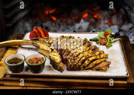 Tomahawk de bœuf de qualité supérieure enrobé d'or comestible Banque D'Images