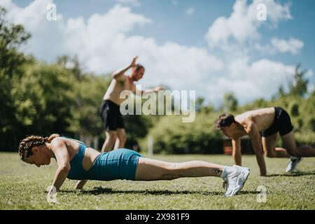 Entraînement de fitness en plein air en groupe avec trois personnes effectuant des pompes et des alpinistes dans la nature Banque D'Images
