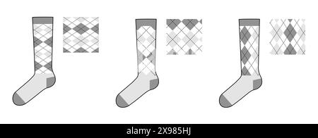 Ensemble de chaussettes avec motif argyle et échantillons imprimés. Mode bonneterie accessoire vêtements illustration technique bas. Vue latérale vectorielle pour hommes, femmes style unisexe, esquisse de modèle plat isolé Illustration de Vecteur