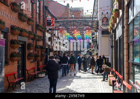 Les gens assis en train de parler buvant devant le pub bar populaire de Belfast, le Duke of York commercial court Cathedral Quarter Belfast. Banque D'Images