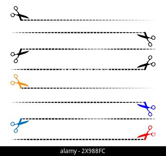 Icône de ciseaux vectoriels, lignes pointillées avec des symboles de ciseaux, ligne de coupe avec des ciseaux. Illustration de Vecteur