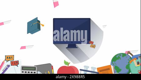 Image d'icônes de concept d'école flottant sur l'icône d'ordinateur contre l'espace de copie sur fond blanc Banque D'Images