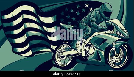 moto superbike avec drapeau américain sur fond blanc Illustration de Vecteur