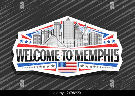 Logo vectoriel pour Memphis, étiquette décorative blanche avec illustration de ligne du célèbre paysage de ville contemporain de memphis sur fond de ciel de jour, refri de conception d'art Illustration de Vecteur