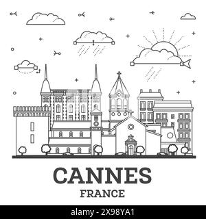 Contour Cannes France City Skyline avec des bâtiments modernes et historiques isolés sur blanc. Illustration vectorielle. Paysage urbain de Cannes avec des monuments. Illustration de Vecteur