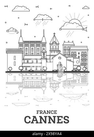 Contour Cannes France City Skyline avec des bâtiments modernes et historiques isolés sur blanc. Illustration vectorielle. Paysage urbain de Cannes avec des monuments. Illustration de Vecteur