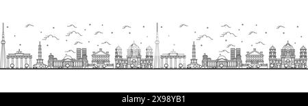 Modèle sans couture avec contour Berlin Germany City Skyline. Bâtiments historiques isolés sur White. Illustration vectorielle. Paysage urbain de Berlin avec Landmark. Illustration de Vecteur