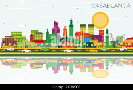 Casablanca Maroc City Skyline avec des bâtiments de couleur, ciel bleu et reflets. Illustration vectorielle. Voyages d'affaires et concept. Illustration de Vecteur