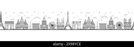 Modèle sans couture avec contour Paris France City Skyline. Bâtiments historiques isolés sur White. Illustration vectorielle. Paysage urbain de Paris avec des points de repère. Illustration de Vecteur