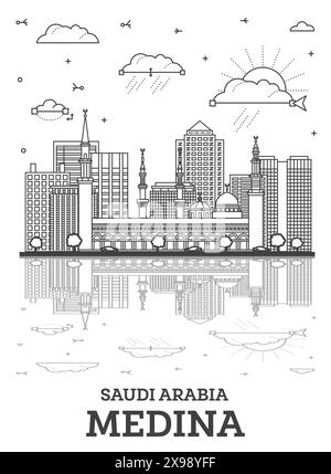 Contour Medina Saudi Arabia City Skyline avec reflets et bâtiments historiques isolés sur blanc. Illustration vectorielle. Paysage urbain de Medina. Illustration de Vecteur