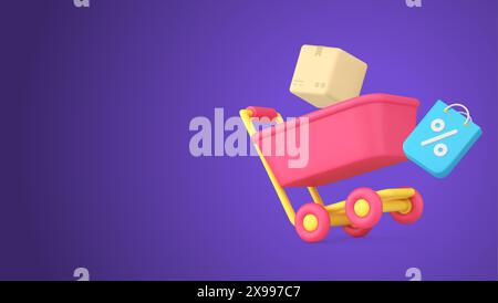 Shopping livraison service promo offre spéciale chariot de supermarché colis carton boîte 3d icône illustration vectorielle réaliste. Épicerie acheter des navires Illustration de Vecteur