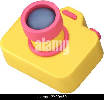 Appareil photo vidéo jaune avec objectif et bouton contenu multimédia app 3d icône illustration vectorielle réaliste. Photographie de la technologie optique Focus ex Illustration de Vecteur