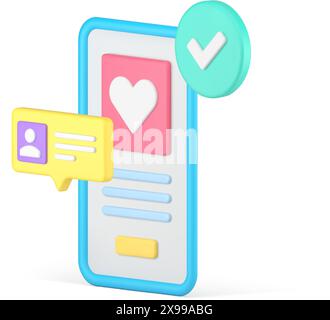 Application de date mobile profil personnel chat identification isométrique icône 3d illustration vectorielle réaliste. Accou utilisateur d'application de rencontre virtuelle smartphone Illustration de Vecteur
