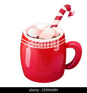 Tasse rouge de vacances de Noël avec boisson chaude, guimauve isolé sur fond blanc. Chocolat chaud ou cacao d'hiver vif. Illustration vectorielle Illustration de Vecteur