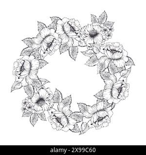 Couronne de cercle floral printanier avec hortensia et fleur de pivoine. Line art petite fleur avec des feuilles pour carte ou inviter, coloriage Illustration de Vecteur