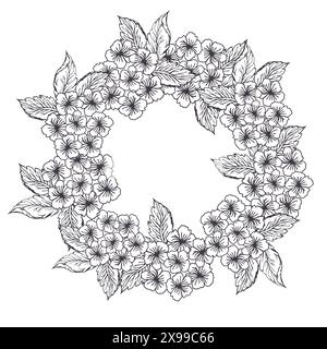 Couronne de cercle floral printanier avec fleur d'hortensia. Line art petite fleur avec des feuilles pour la carte ou inviter. Illustration de Vecteur