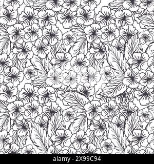 Motif sans couture de fleur d'art de ligne d'hortensia de printemps avec fleur monochrome d'art de ligne. Petit fond de vecteur de fleur Illustration de Vecteur