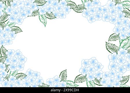 Bannière horizontale florale printanière avec fleur d'hortensia bleue. Line art petite fleur avec des feuilles pour carte ou inviter, coloriage Illustration de Vecteur