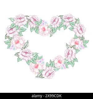 Couronne de coeur fleurie printanière avec fleur de pivoine. Rose et petite fleur avec cadre de feuilles vertes pour carte ou invitation. Illustration de Vecteur