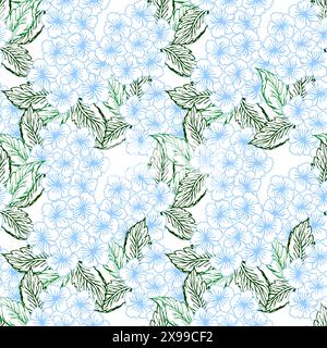 Motif sans couture de fleur bleue d'hortensia de printemps avec fleur colorée d'art de ligne. Petit fond de vecteur de fleur. Illustration de Vecteur