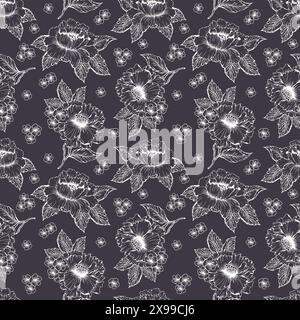 Motif sans couture de fleur de pivoine avec fleur monochrome d'art au trait. Fond vectoriel floral Illustration de Vecteur