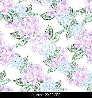 Motif sans couture de fleur de violet d'hortensia bleu et violet avec fleur de couleur d'art au trait. Petit fond de vecteur de fleur Illustration de Vecteur