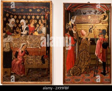 Grup Vergós, panneaux de retable de Saint Étienne, naissance de Saint Étienne, princesse Eudoxie devant le tombeau de Saint Étienne, 1495-1500, Musée National d'Art Catalan, Museu Nacional d'Art de Catalunya, MNAC, Barcelone, Espagne, Europe. Banque D'Images