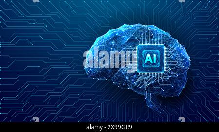 Puce AI intégrée dans le cerveau de la technologie abstraite sur fond bleu. Illustration de Vecteur