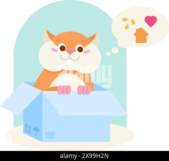 Cute Vector Cartoon Flat Outline Adoptez Pet Hamster concept illustration est une illustration vectorielle sur l'animal de souris domestique amusant heureux dans la boîte dreami Illustration de Vecteur