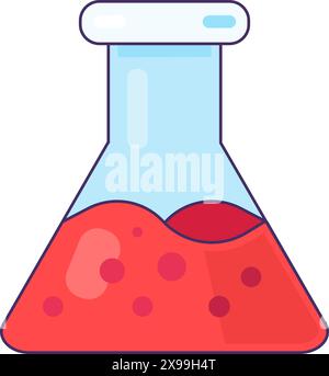 Flacon large avec icône de liquide bouillonnant rouge. Équipement pour l'analyse chimique du sang, élément médical de dessin animé caressé pour un design moderne et rétro. Simple c Illustration de Vecteur