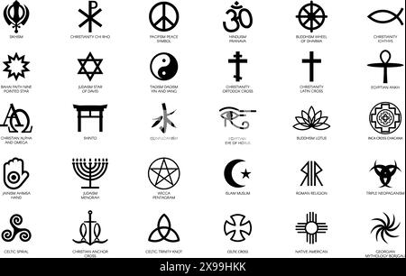 Ensemble de symboles religieux mystiques de différentes cultures du monde, signes sacrés. Cultures spirituelles traditionnelles de culte et de vénération. Noir simple Illustration de Vecteur