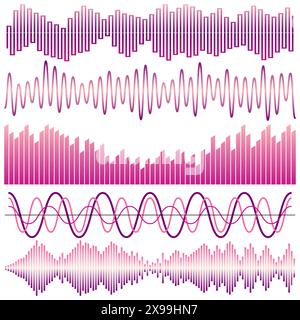 Ensemble vectoriel d'ondes sonores. EGALISEUR audio. Ondes sonores et audio isolées sur fond blanc. Illustration de Vecteur