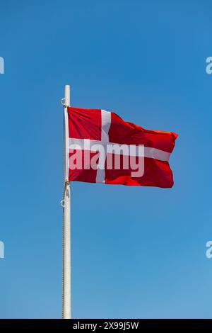 Drapeau du Danemark attaché à la perche ondulant dans le fond de ciel bleu sans nuages du vent Banque D'Images