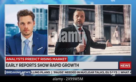 TV News Live Report : Anchorman parle avec le correspondant reportage devant le Parlement, la Cour, le gouvernement. Politique, économie. Concept de chaîne de télévision par câble. Modification de l'écran partagé Banque D'Images